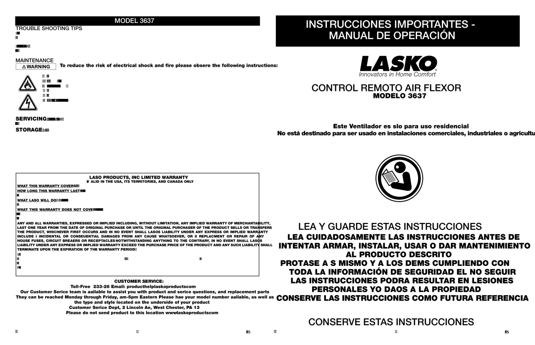 Lasko 3637 manual  LASKO PRODUCTS, INC. Limited Warranty, Customer Service 